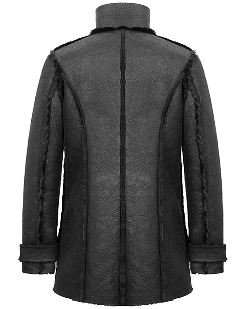 Devil Fashion Mens Dieselpunk Winter Coat Jacket Black Shearling PU Leather Goth