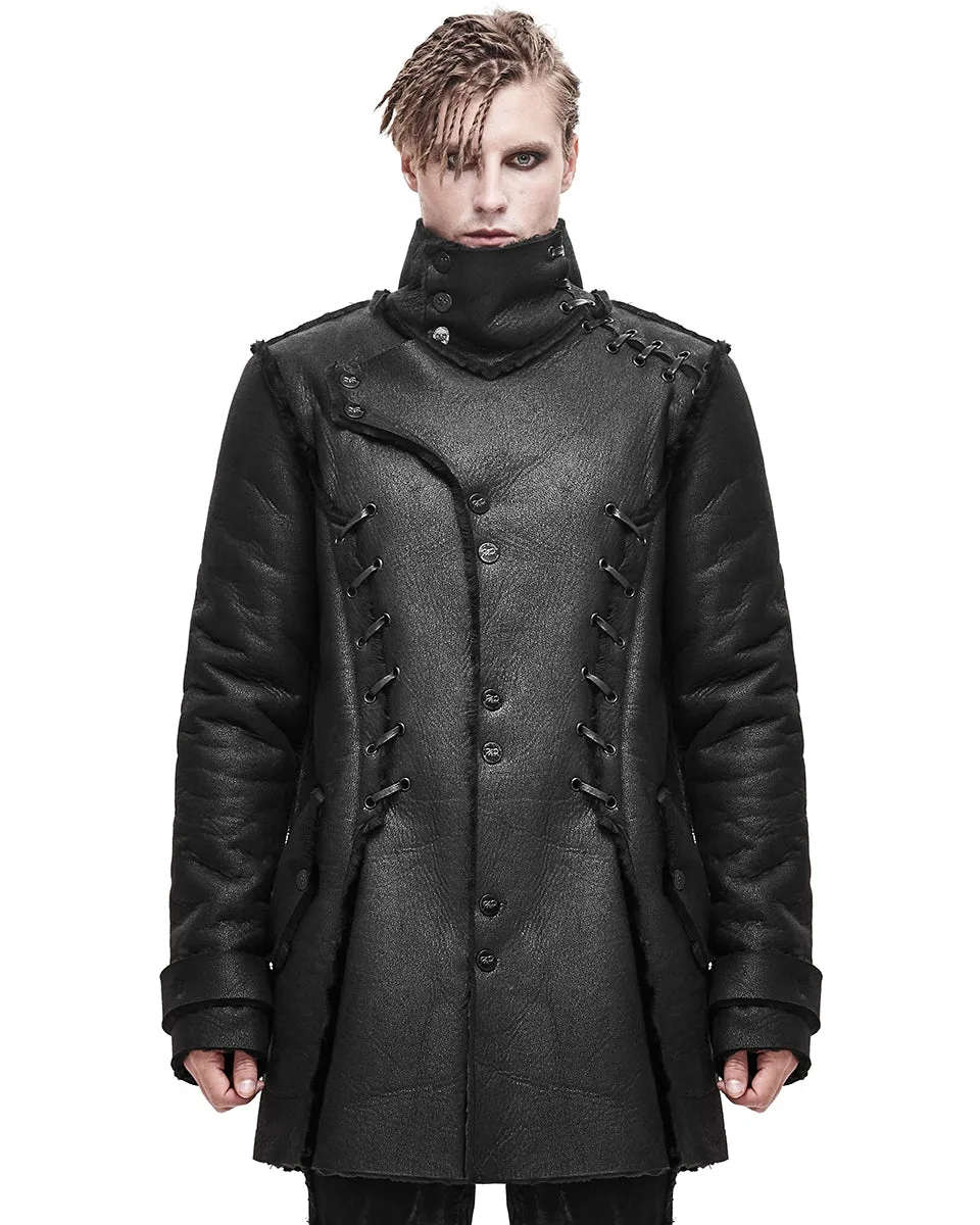 Devil Fashion Mens Dieselpunk Winter Coat Jacket Black Shearling PU Leather Goth