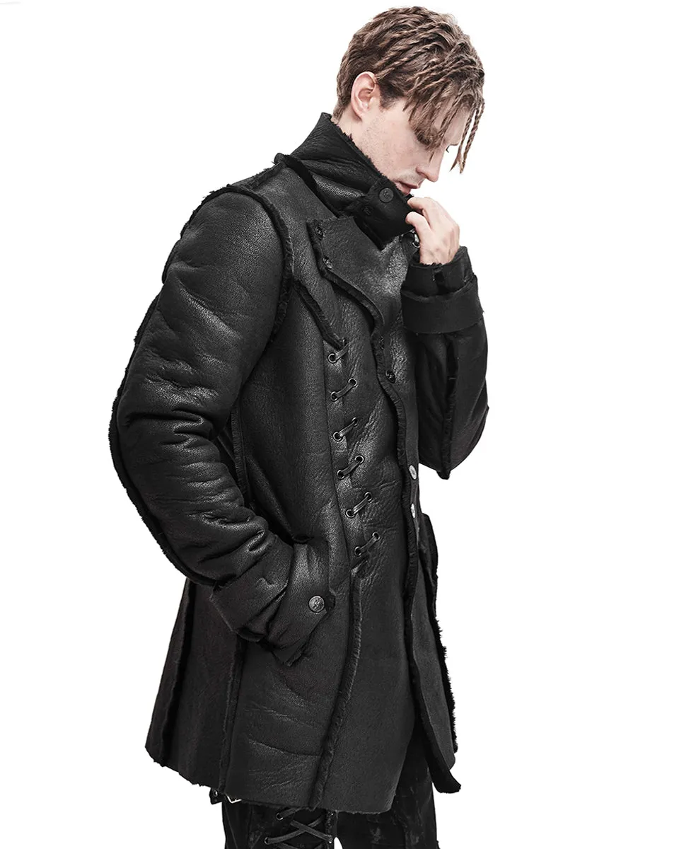 Devil Fashion Mens Dieselpunk Winter Coat Jacket Black Shearling PU Leather Goth