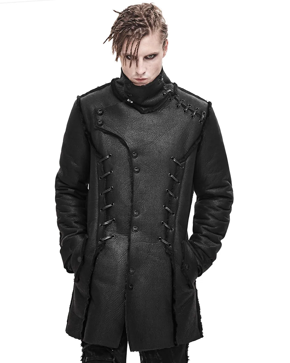 Devil Fashion Mens Dieselpunk Winter Coat Jacket Black Shearling PU Leather Goth