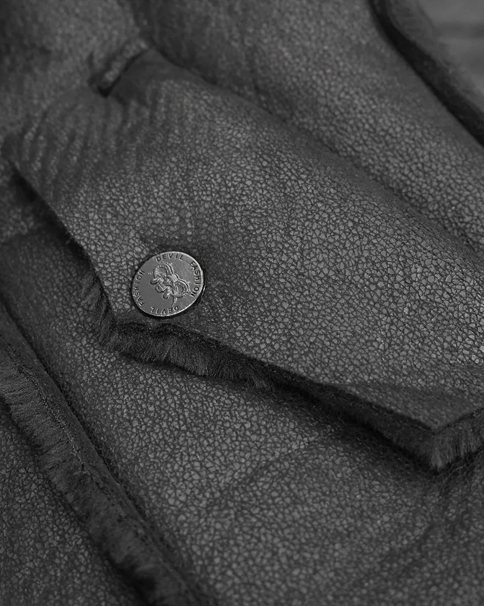 Devil Fashion Mens Dieselpunk Winter Coat Jacket Black Shearling PU Leather Goth