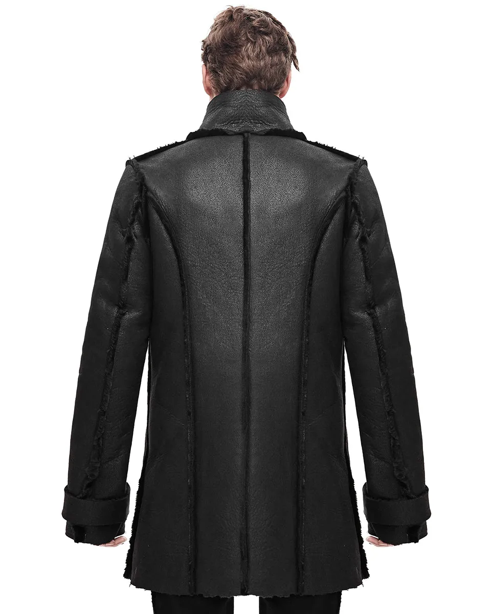 Devil Fashion Mens Dieselpunk Winter Coat Jacket Black Shearling PU Leather Goth