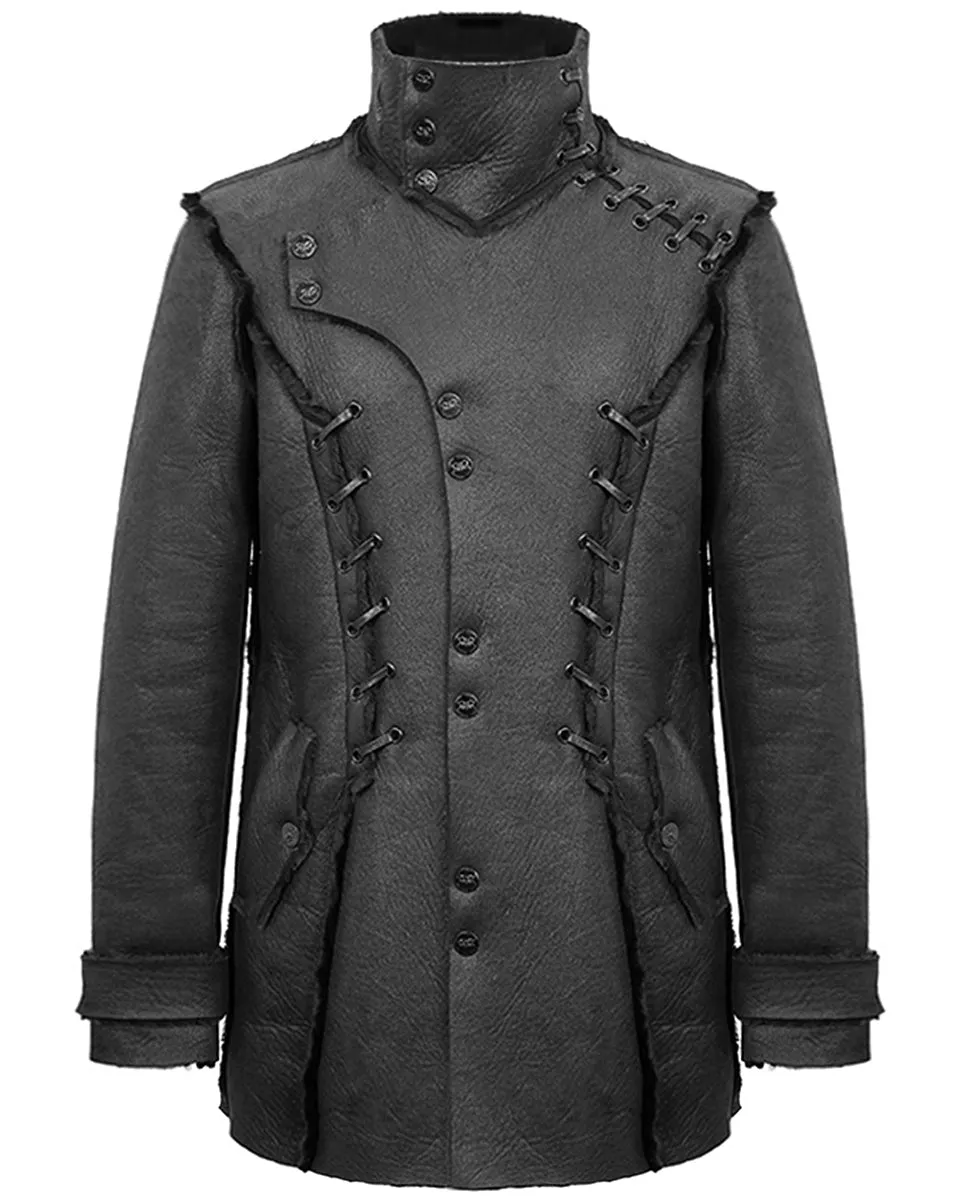 Devil Fashion Mens Dieselpunk Winter Coat Jacket Black Shearling PU Leather Goth