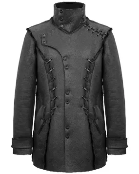Devil Fashion Mens Dieselpunk Winter Coat Jacket Black Shearling PU Leather Goth