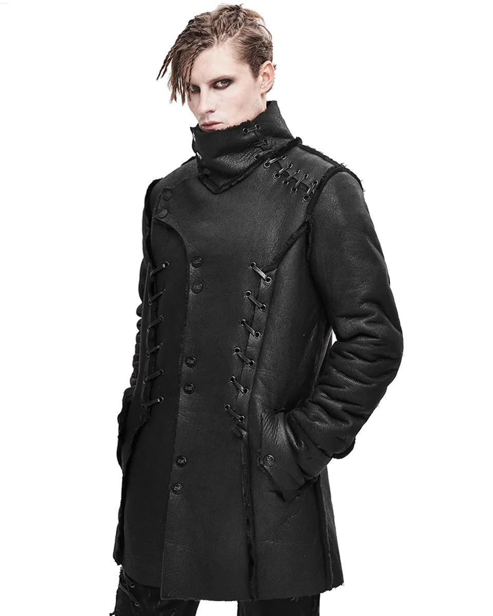 Devil Fashion Mens Dieselpunk Winter Coat Jacket Black Shearling PU Leather Goth