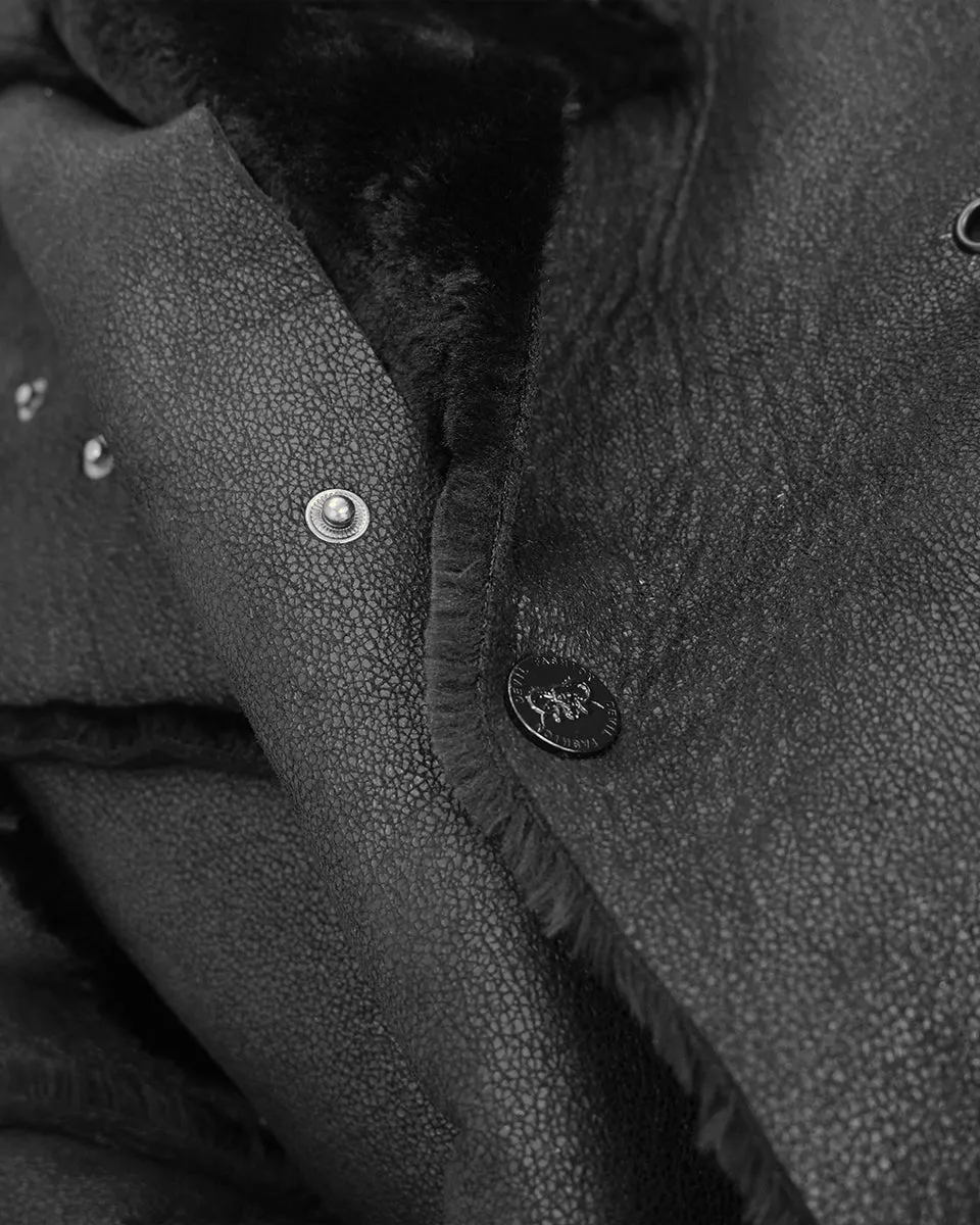 Devil Fashion Mens Dieselpunk Winter Coat Jacket Black Shearling PU Leather Goth