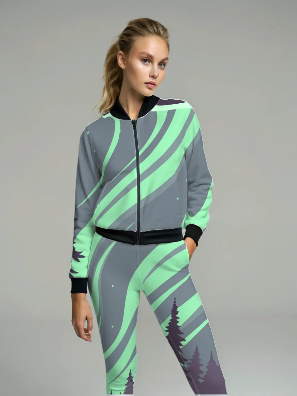 Enchanting Aurora Lights And Forest Print Bomber Jacket With Leggings Co Ord Set