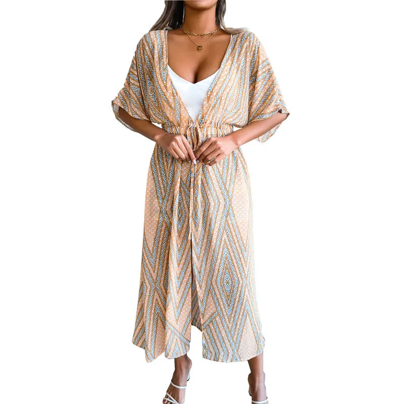 Women's Casual Lace-Up Printed Chiffon Shirts Long Sunscreen Beach Shirts