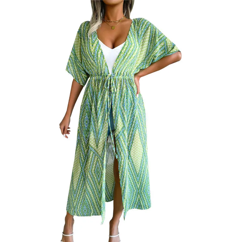 Women's Casual Lace-Up Printed Chiffon Shirts Long Sunscreen Beach Shirts