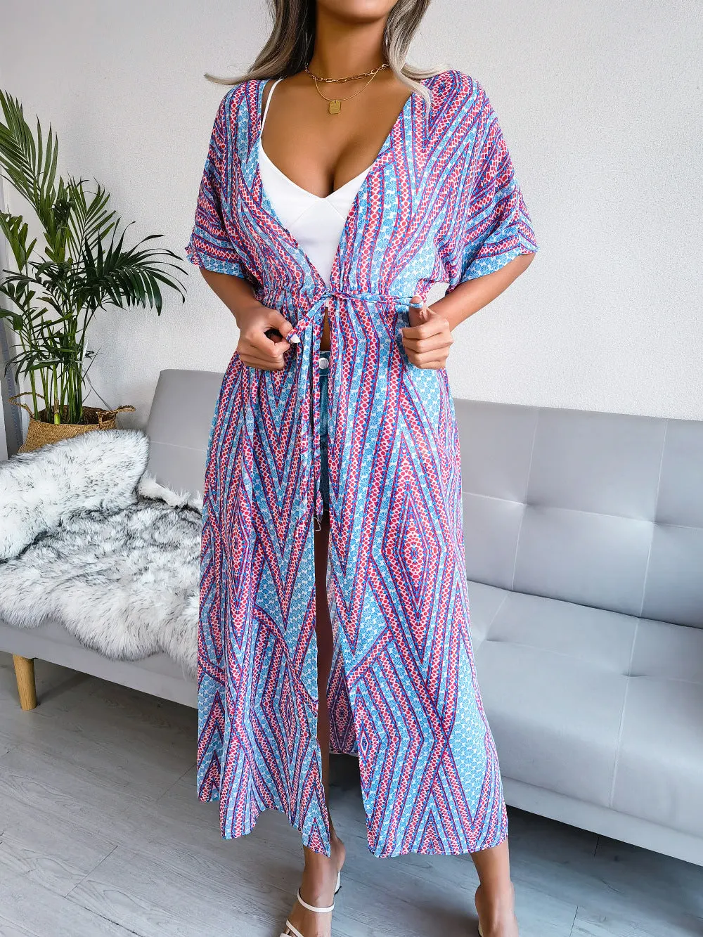 Women's Casual Lace-Up Printed Chiffon Shirts Long Sunscreen Beach Shirts
