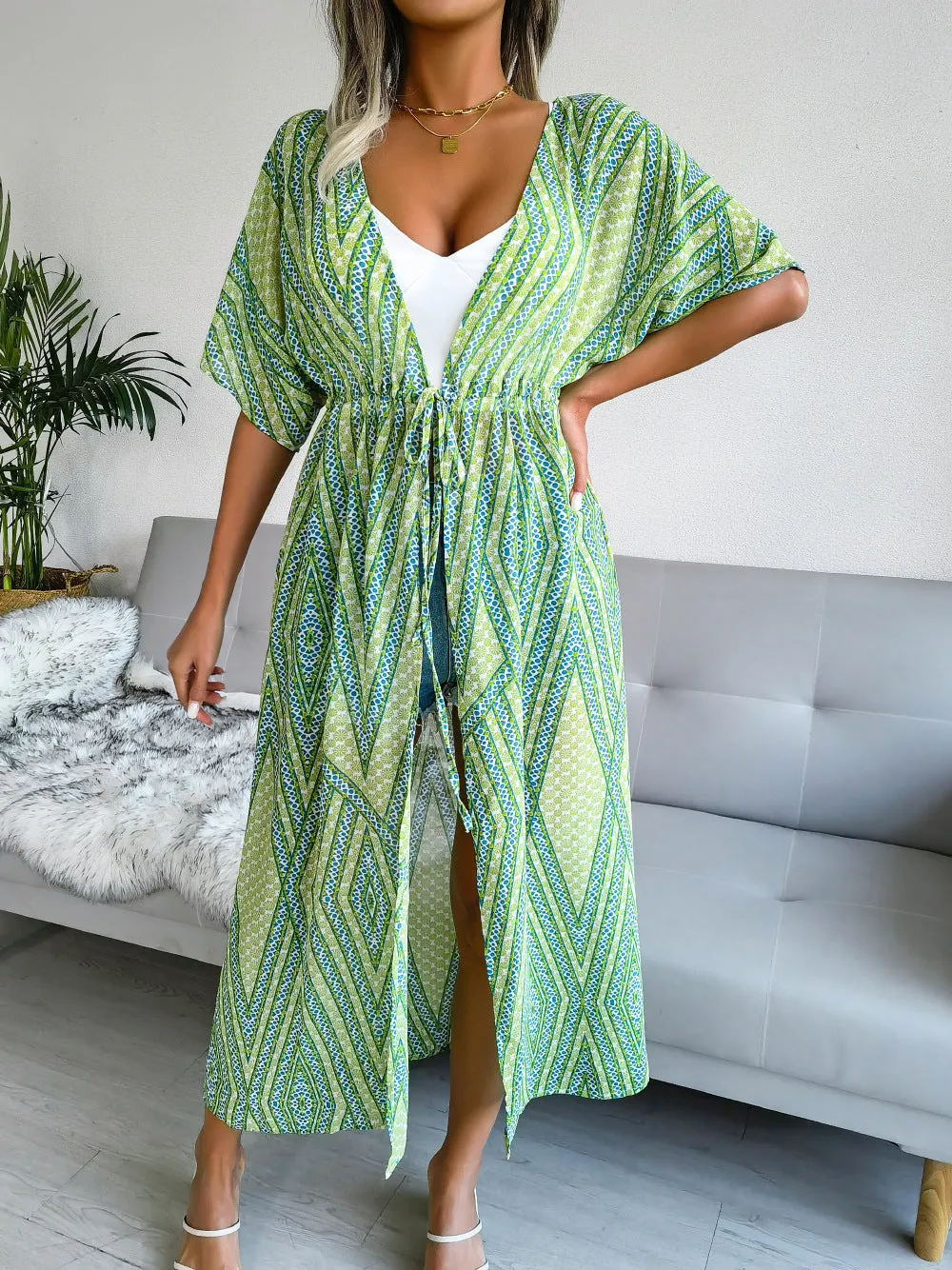Women's Casual Lace-Up Printed Chiffon Shirts Long Sunscreen Beach Shirts