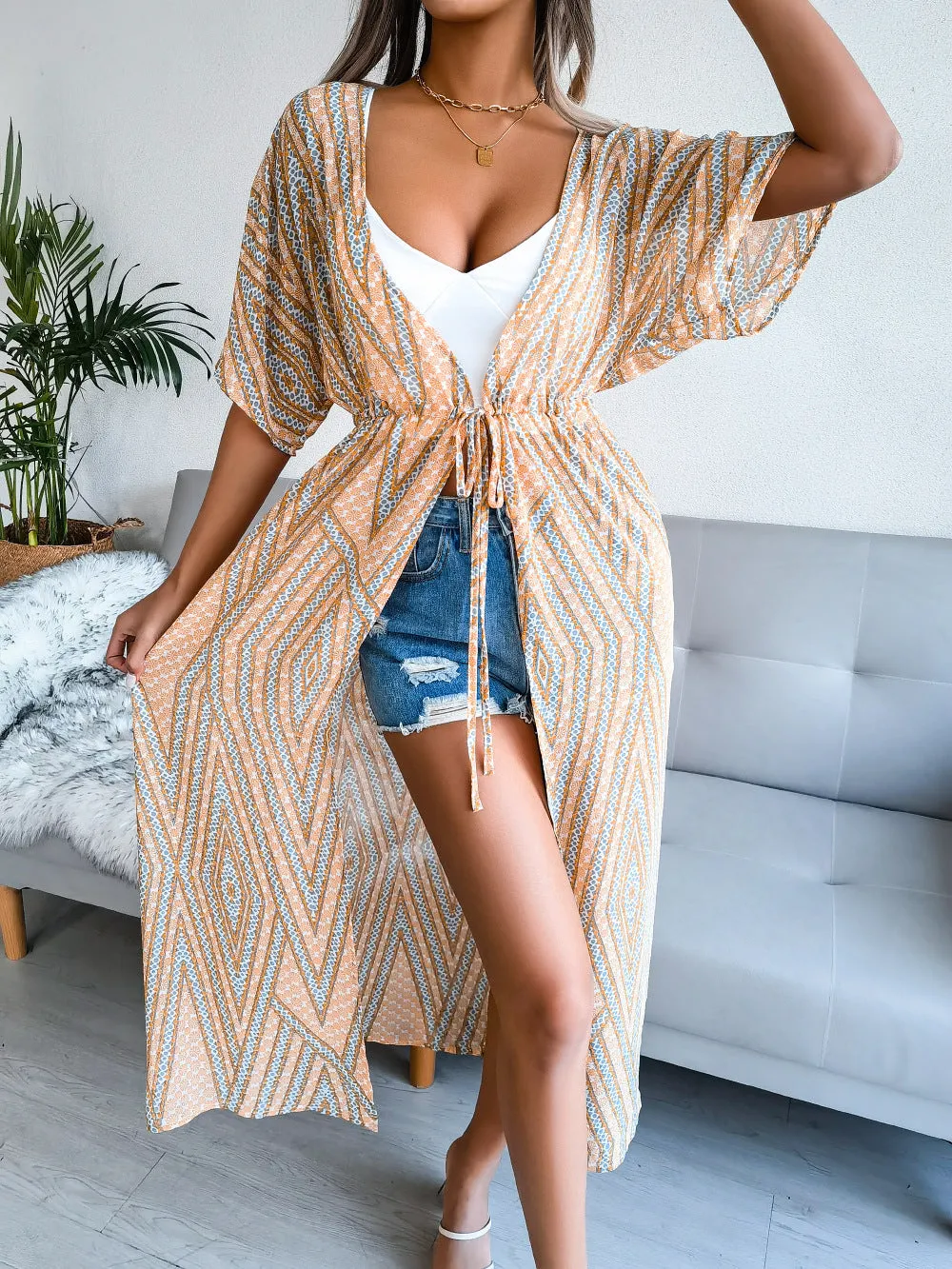 Women's Casual Lace-Up Printed Chiffon Shirts Long Sunscreen Beach Shirts
