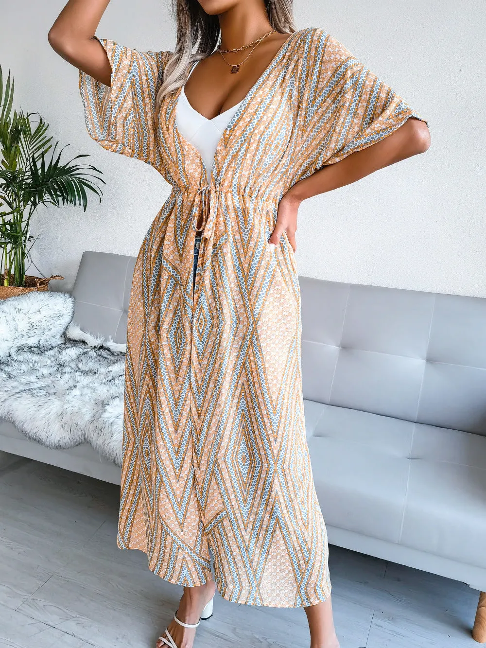 Women's Casual Lace-Up Printed Chiffon Shirts Long Sunscreen Beach Shirts
