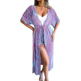 Women's Casual Lace-Up Printed Chiffon Shirts Long Sunscreen Beach Shirts