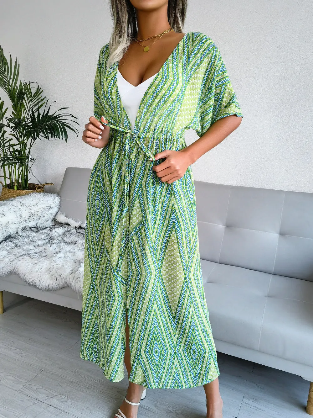 Women's Casual Lace-Up Printed Chiffon Shirts Long Sunscreen Beach Shirts