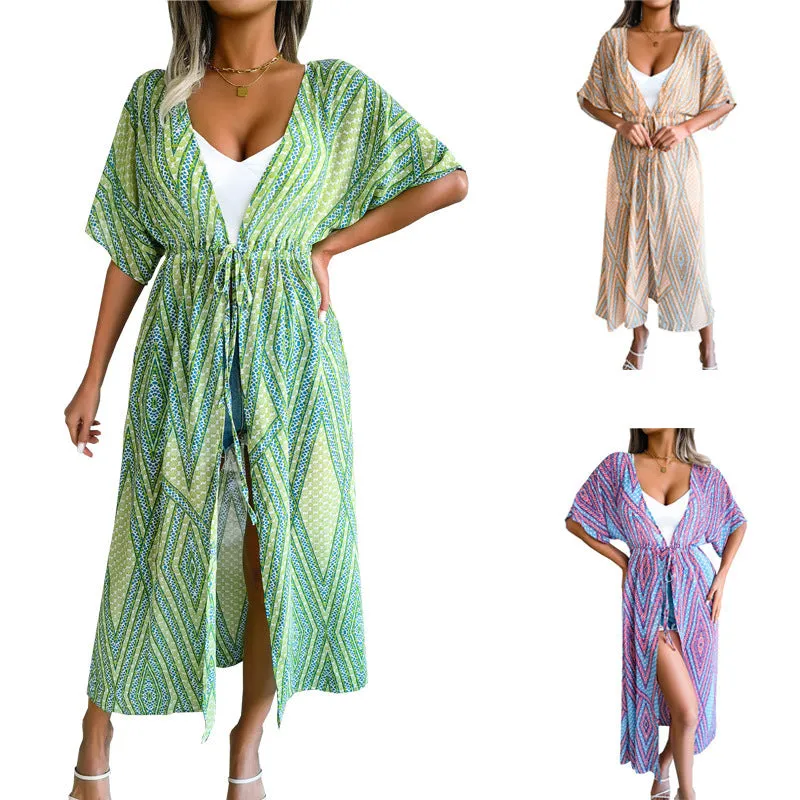Women's Casual Lace-Up Printed Chiffon Shirts Long Sunscreen Beach Shirts