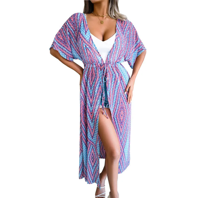 Women's Casual Lace-Up Printed Chiffon Shirts Long Sunscreen Beach Shirts