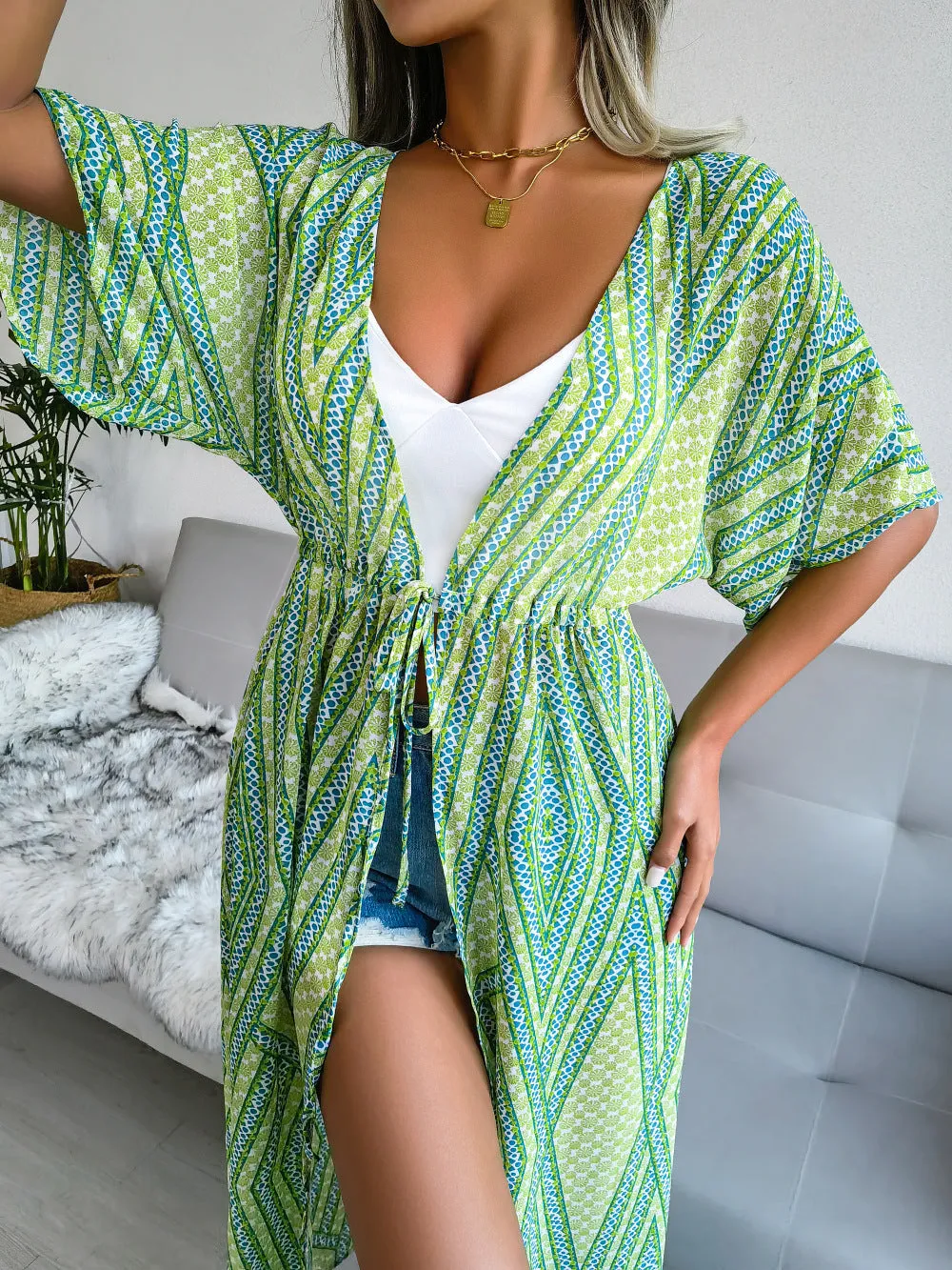 Women's Casual Lace-Up Printed Chiffon Shirts Long Sunscreen Beach Shirts